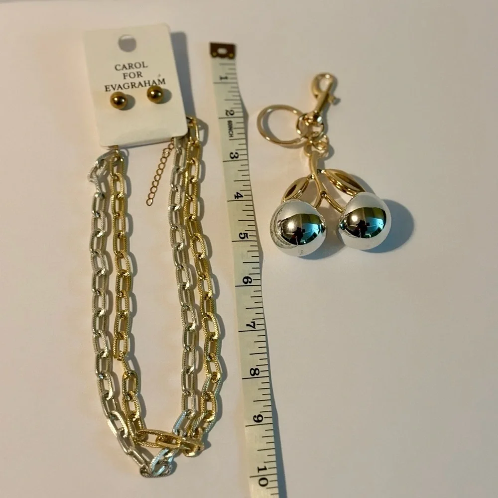 Carol for Evagraham Silver and Gold Necklace Set & Cherry Keychain